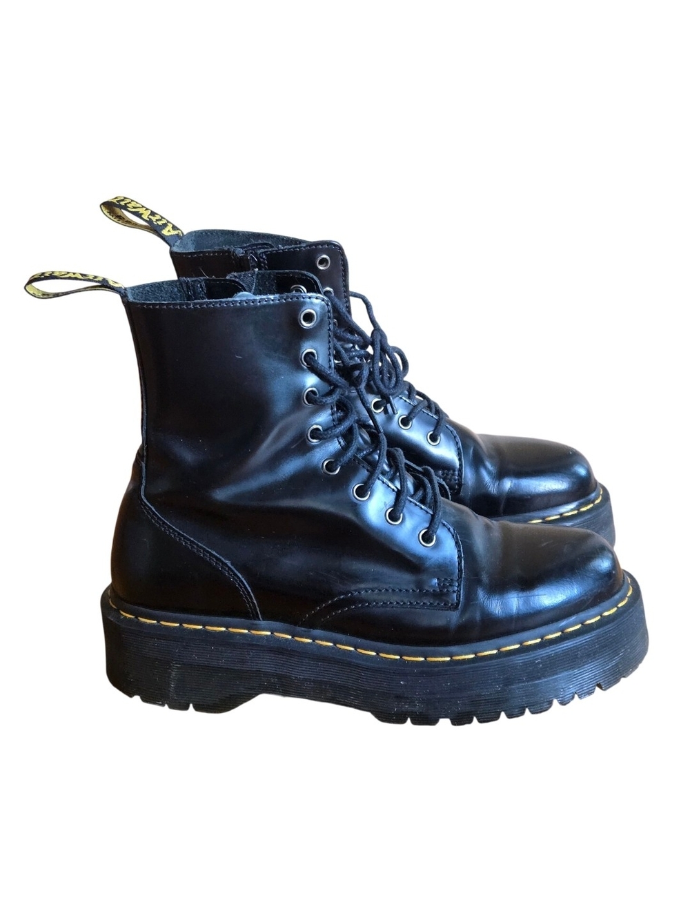 Dr. Martens Black Leather Platform Boots - Lace-Up/ Zipper with Yellow Stitching
